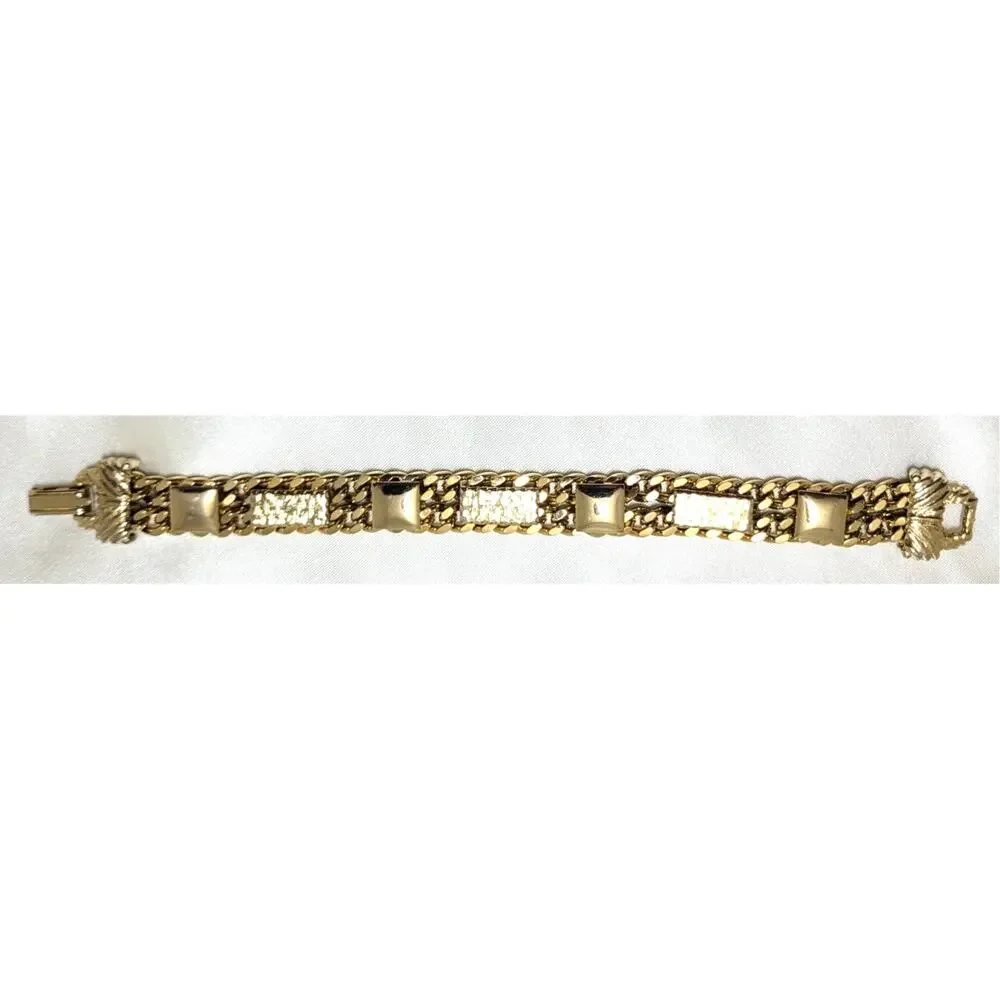 Vtg 60s 70s Gold Tone Chunky Panel Link Bracelet Heavy Geometric Textured 7.25